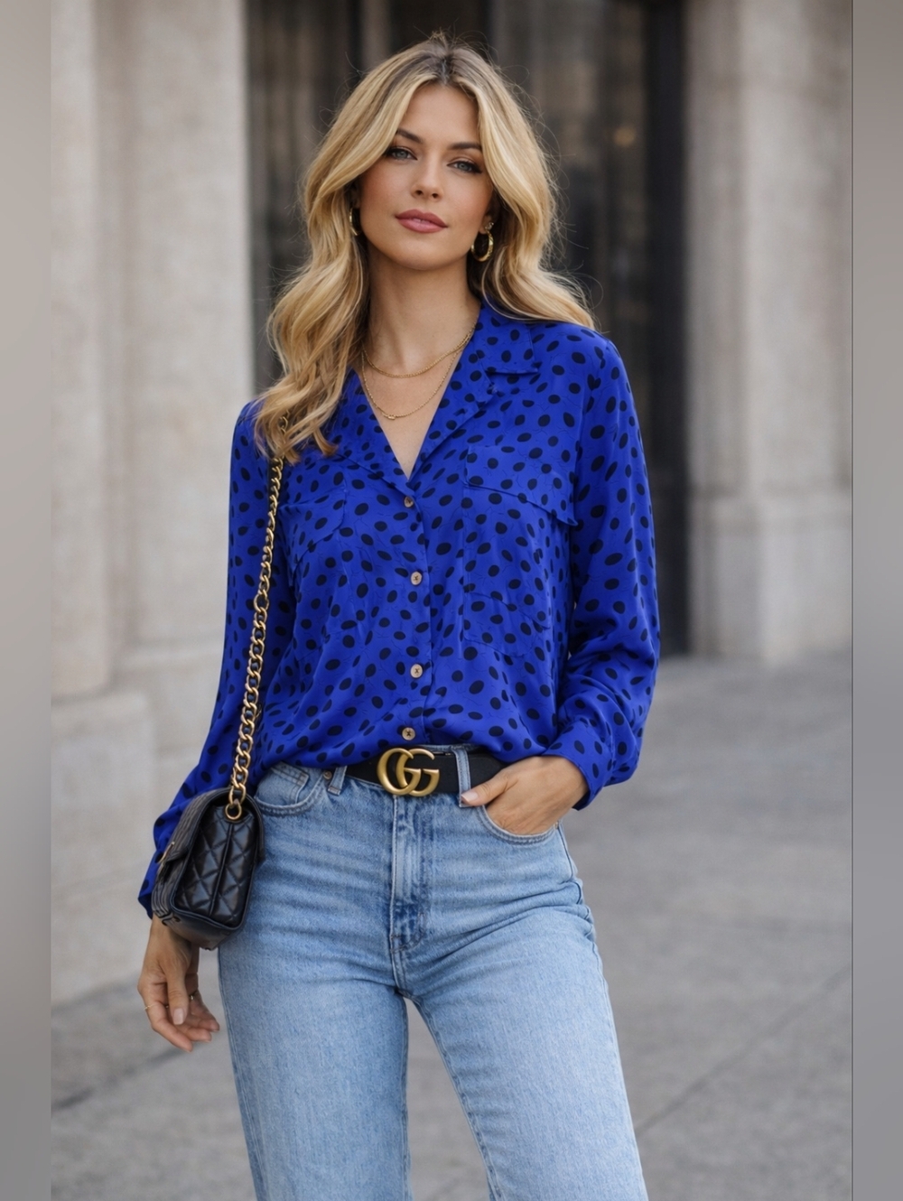 Vtg Christian Dior Chemises Blouse Blue Black Polka Dot 80s Button Top Sz 12